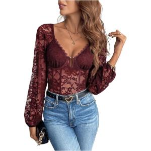 imageSweatyRocks Womens Long Sleeve Lace Bodysuit Fishnet Sheer Mesh Leotards TopsBurgundy