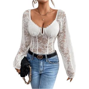 imageSweatyRocks Womens Long Sleeve Lace Bodysuit Fishnet Sheer Mesh Leotards TopsWhite