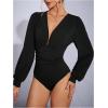 imageSweatyRocks Womens Deep V Neck Long Sleeve Bodysuit Tops Ruched Pleated Leotard ShirtsBlack