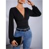 imageSweatyRocks Womens Deep V Neck Long Sleeve Bodysuit Tops Ruched Pleated Leotard ShirtsBlack
