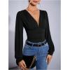 imageSweatyRocks Womens Deep V Neck Long Sleeve Bodysuit Tops Ruched Pleated Leotard ShirtsBlack