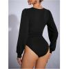 imageSweatyRocks Womens Deep V Neck Long Sleeve Bodysuit Tops Ruched Pleated Leotard ShirtsBlack