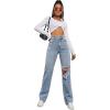 imageSweatyRocks Womens High Waist Slant Pocket Denim Jeans Ripped Straight Leg PantsBlue Pale
