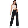 imageSweatyRocks Womens High Waist Slant Pocket Denim Jeans Ripped Straight Leg PantsPlain Black