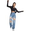 imageSweatyRocks Womens High Waist Slant Pocket Denim Jeans Ripped Straight Leg PantsPlain Solid Blue