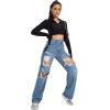 imageSweatyRocks Womens High Waist Slant Pocket Denim Jeans Ripped Straight Leg PantsPlain Solid Blue