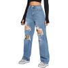 imageSweatyRocks Womens High Waist Slant Pocket Denim Jeans Ripped Straight Leg PantsPlain Solid Blue