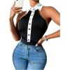 imageSweatyRocks Womens Lapel Button Down Shirt Sleeveless Body Suits Halter Backless Tank BodysuitBlack