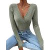imageSweatyRocks Womens Long Sleeve Bodysuit Tops Wrap V Neck Ribbed Knit JumpsuitMint Green