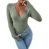 imageSweatyRocks Womens Long Sleeve Bodysuit Tops Wrap V Neck Ribbed Knit JumpsuitMint Green