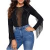 imageSweatyRocks Womens Round Neck Fringe Long Sleeve Sheer Mesh Cowgirl BodysuitPlain Black