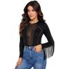 imageSweatyRocks Womens Round Neck Fringe Long Sleeve Sheer Mesh Cowgirl BodysuitPlain Black