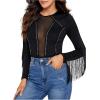 imageSweatyRocks Womens Round Neck Fringe Long Sleeve Sheer Mesh Cowgirl BodysuitPlain Black
