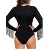 imageSweatyRocks Womens Round Neck Fringe Long Sleeve Sheer Mesh Cowgirl BodysuitPlain Black