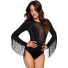 imageSweatyRocks Womens Round Neck Fringe Long Sleeve Sheer Mesh Cowgirl BodysuitPlain Black