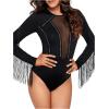 imageSweatyRocks Womens Round Neck Fringe Long Sleeve Sheer Mesh Cowgirl BodysuitPlain Black
