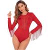 imageSweatyRocks Womens Round Neck Fringe Long Sleeve Sheer Mesh Cowgirl BodysuitRed