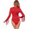 imageSweatyRocks Womens Round Neck Fringe Long Sleeve Sheer Mesh Cowgirl BodysuitRed