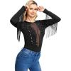 imageSweatyRocks Womens Round Neck Fringe Long Sleeve Sheer Mesh Cowgirl BodysuitSolid Dark Black