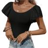 imageSweatyRocks Womens Ruffle Short Sleeve Bodysuits Scoop Neck Slim Fit Basic Blouse Shirts TopsBlack