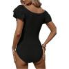 imageSweatyRocks Womens Ruffle Short Sleeve Bodysuits Scoop Neck Slim Fit Basic Blouse Shirts TopsBlack