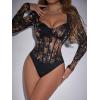 imageSweatyRocks Womens Sheer Floral Lace Long Sleeve Bodysuit Tops Sweetheart Neck JumpsuitBlack