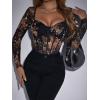 imageSweatyRocks Womens Sheer Floral Lace Long Sleeve Bodysuit Tops Sweetheart Neck JumpsuitBlack