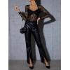 imageSweatyRocks Womens Sheer Floral Lace Long Sleeve Bodysuit Tops Sweetheart Neck JumpsuitBlack Solid