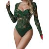 imageSweatyRocks Womens Sheer Floral Lace Long Sleeve Bodysuit Tops Sweetheart Neck JumpsuitGreen