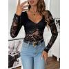 imageSweatyRocks Womens Sheer Floral Lace V Neck Bodysuit Long Sleeve Slim Fit JumpsuitsBlack