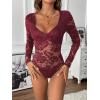 imageSweatyRocks Womens Sheer Floral Lace V Neck Bodysuit Long Sleeve Slim Fit JumpsuitsBurgundy