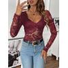imageSweatyRocks Womens Sheer Floral Lace V Neck Bodysuit Long Sleeve Slim Fit JumpsuitsBurgundy