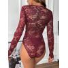 imageSweatyRocks Womens Sheer Floral Lace V Neck Bodysuit Long Sleeve Slim Fit JumpsuitsBurgundy