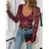 imageSweatyRocks Womens Sheer Floral Lace V Neck Bodysuit Long Sleeve Slim Fit JumpsuitsBurgundy