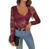 imageSweatyRocks Womens Sheer Floral Lace V Neck Bodysuit Long Sleeve Slim Fit JumpsuitsBurgundy
