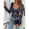 imageSweatyRocks Womens Sheer Floral Lace V Neck Bodysuit Long Sleeve Slim Fit JumpsuitsNavy Blue