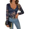 imageSweatyRocks Womens Sheer Floral Lace V Neck Bodysuit Long Sleeve Slim Fit JumpsuitsNavy Blue