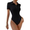imageSweatyRocks Womens Short Sleeve Polo Shirt Bodysuit Ribbed Half Button Collared LeotardsBlack