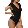 imageSweatyRocks Womens Contrast Lace Short Sleeve Bodysuit V Neck Slim Fit Elegant Jumpsuit ShirtsBlack Lace