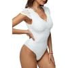 imageSweatyRocks Womens Contrast Lace Short Sleeve Bodysuit V Neck Slim Fit Elegant Jumpsuit ShirtsWhite