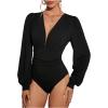 imageSweatyRocks Womens Deep V Neck Long Sleeve Bodysuit Tops Ruched Pleated Leotard ShirtsBlack