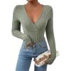 imageSweatyRocks Womens Long Sleeve Bodysuit Tops Wrap V Neck Ribbed Knit JumpsuitMint Green