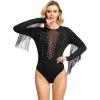 imageSweatyRocks Womens Round Neck Fringe Long Sleeve Sheer Mesh Cowgirl BodysuitSolid Dark Black