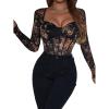 imageSweatyRocks Womens Sheer Floral Lace Long Sleeve Bodysuit Tops Sweetheart Neck JumpsuitBlack