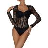 imageSweatyRocks Womens Sheer Floral Lace Long Sleeve Bodysuit Tops Sweetheart Neck JumpsuitBlack Solid