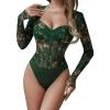 imageSweatyRocks Womens Sheer Floral Lace Long Sleeve Bodysuit Tops Sweetheart Neck JumpsuitGreen