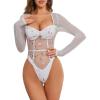 imageSweatyRocks Womens Sheer Floral Lace Long Sleeve Bodysuit Tops Sweetheart Neck JumpsuitWhite