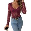imageSweatyRocks Womens Sheer Floral Lace V Neck Bodysuit Long Sleeve Slim Fit JumpsuitsBurgundy