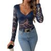 imageSweatyRocks Womens Sheer Floral Lace V Neck Bodysuit Long Sleeve Slim Fit JumpsuitsNavy Blue