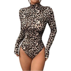 imageSweatyRocks Womens Basic Solid Turtleneck Long Sleeve Bodysuits Jumpsuits Stretchy RomperBlack and Brown